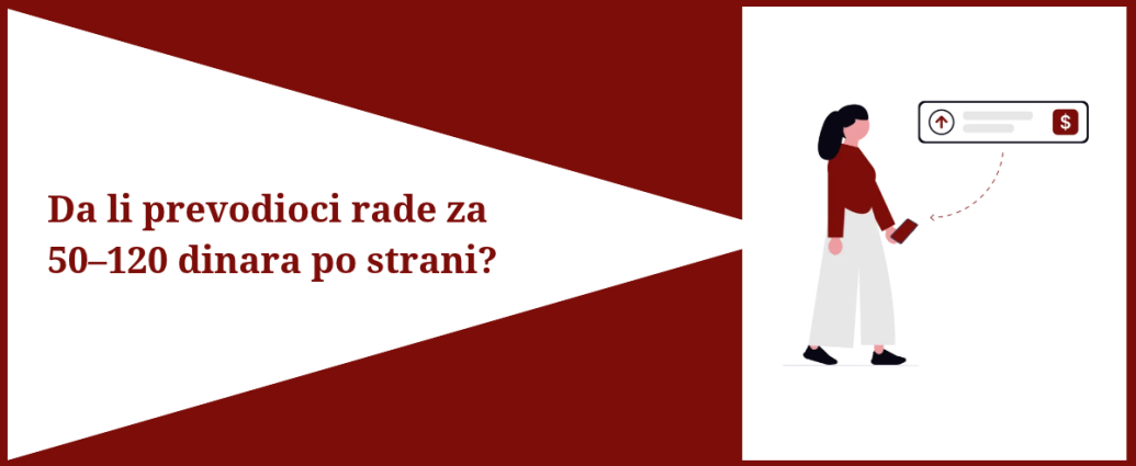 S leve strane je tekst Da li prevodioci rade za 50-120 dinara po strani, s desne strane je ilustracija devojke s mobilnim telefonom