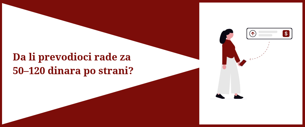 S leve strane je tekst Da li prevodioci rade za 50-120 dinara po strani, s desne strane je ilustracija devojke s mobilnim telefonom