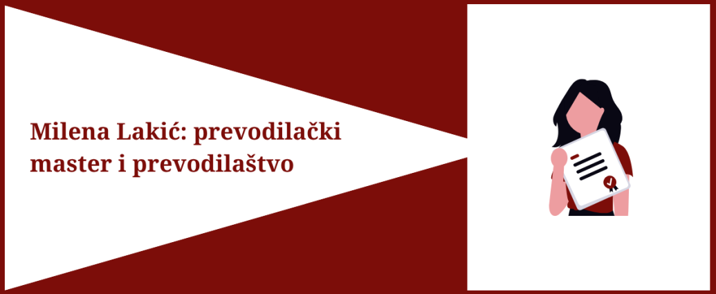 S leve strane je tekst Milena Lakić: prevodilački master i prevodilaštvo, s desne strane je ilustracija devojke koja drži diplomu
