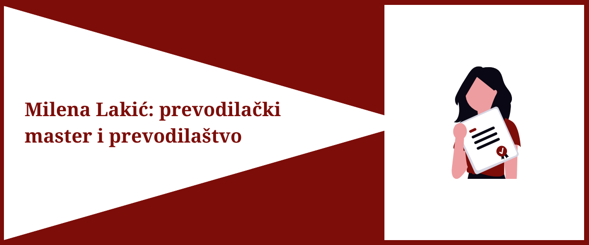S leve strane je tekst Milena Lakić: prevodilački master i prevodilaštvo, s desne strane je ilustracija devojke koja drži diplomu