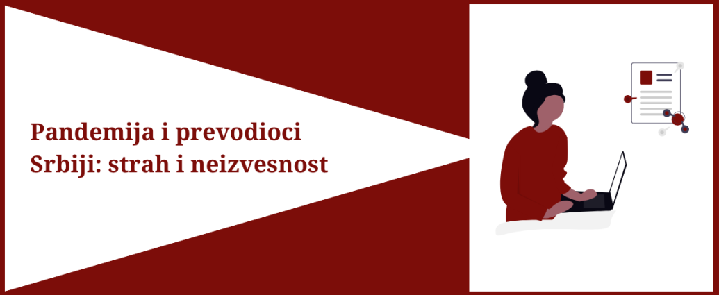 S leve strane je tekst Pandemija i prevodioci u Srbiji: strah i neizvesnost, s desne strane je devojka za računarom