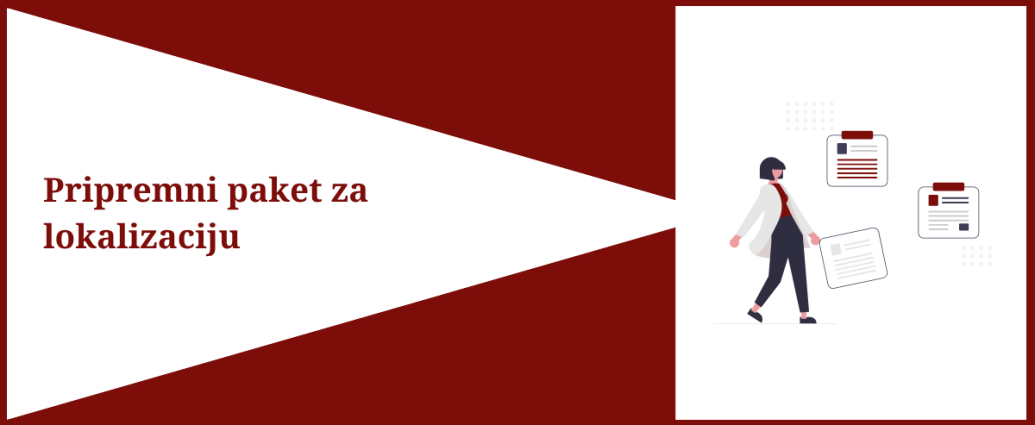 S leve strane je tekst Pripremni paket za lokalizaciju, s desne strane je devojka a pored nje su ilustracije beleški